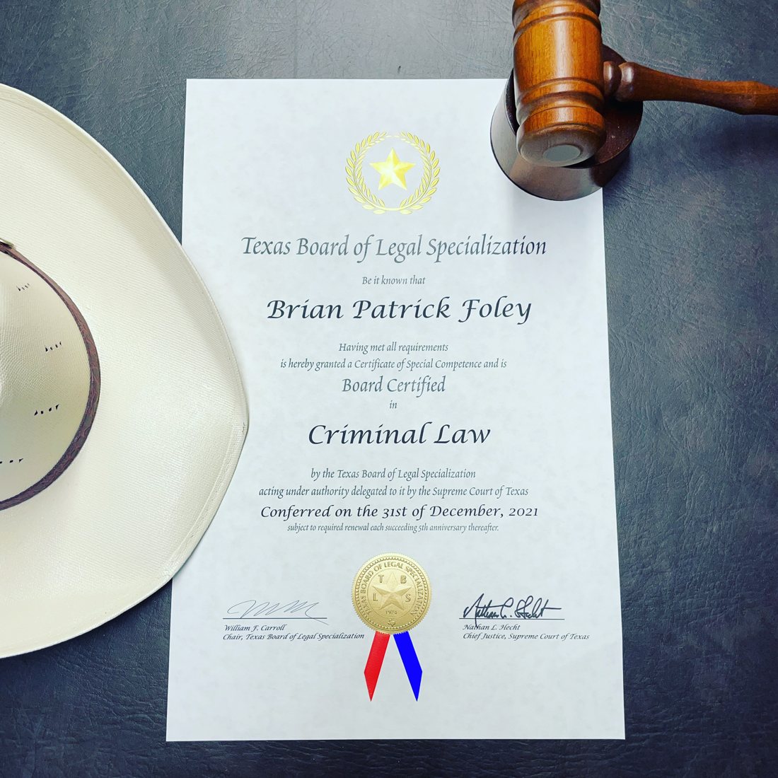 Texas Board of Legal Specialization certificate — Brian Patrick Foley, Board Certified in Criminal Law